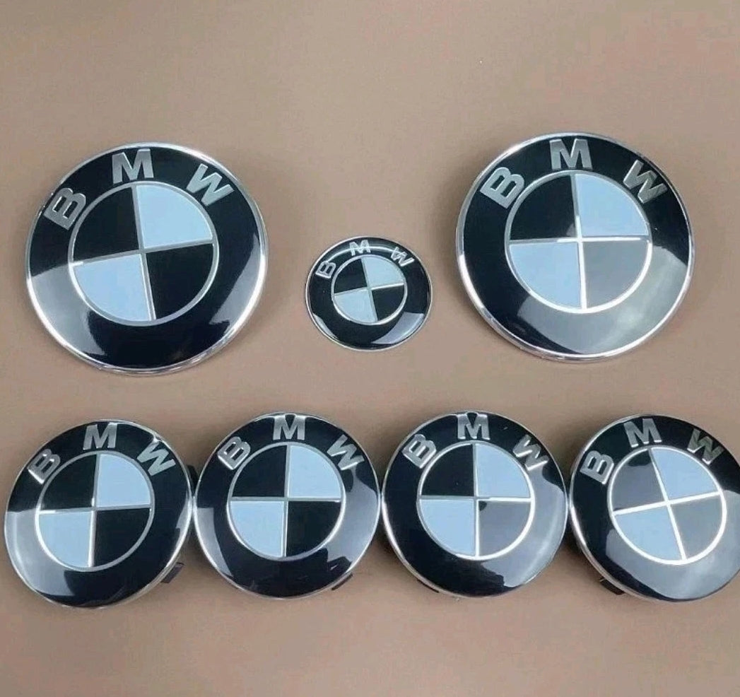7PCS BMW Emblem Badge Set – Hood, Trunk, Steering & Wheel Center Caps