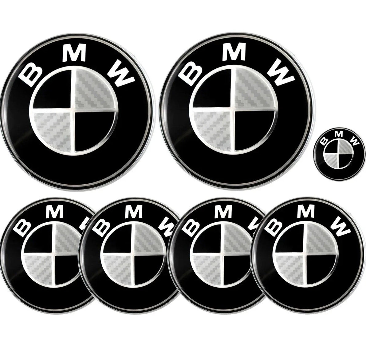 7PCS BMW Emblem Badge Set – Hood, Trunk, Steering & Wheel Center Caps