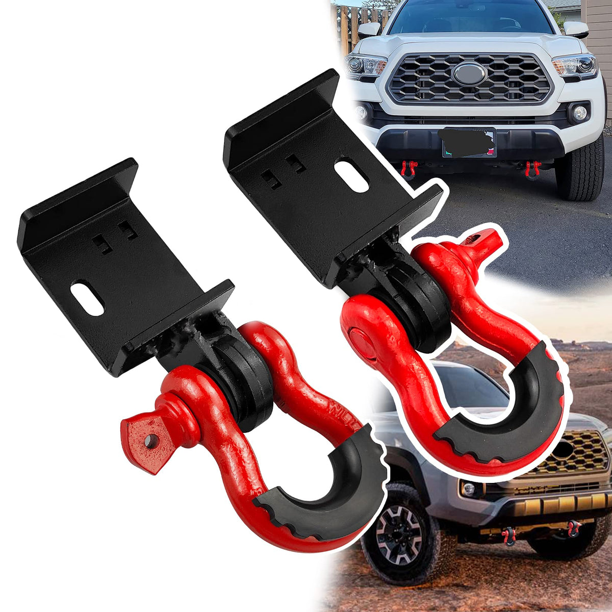 Front Tow Hook Brackets with 3/4" D-Shackles for 2009–2023 Toyota Tacoma – 2-Pack